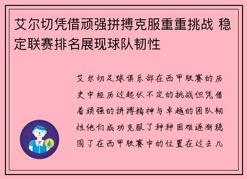 艾尔切凭借顽强拼搏克服重重挑战 稳定联赛排名展现球队韧性