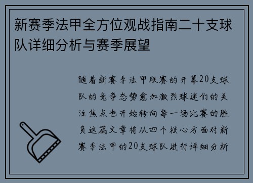 新赛季法甲全方位观战指南二十支球队详细分析与赛季展望